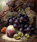 Still Life with Black Grapes, a Strawberry, a Peach and Gooseberries on a Mossy Bank by Oliver Clare
